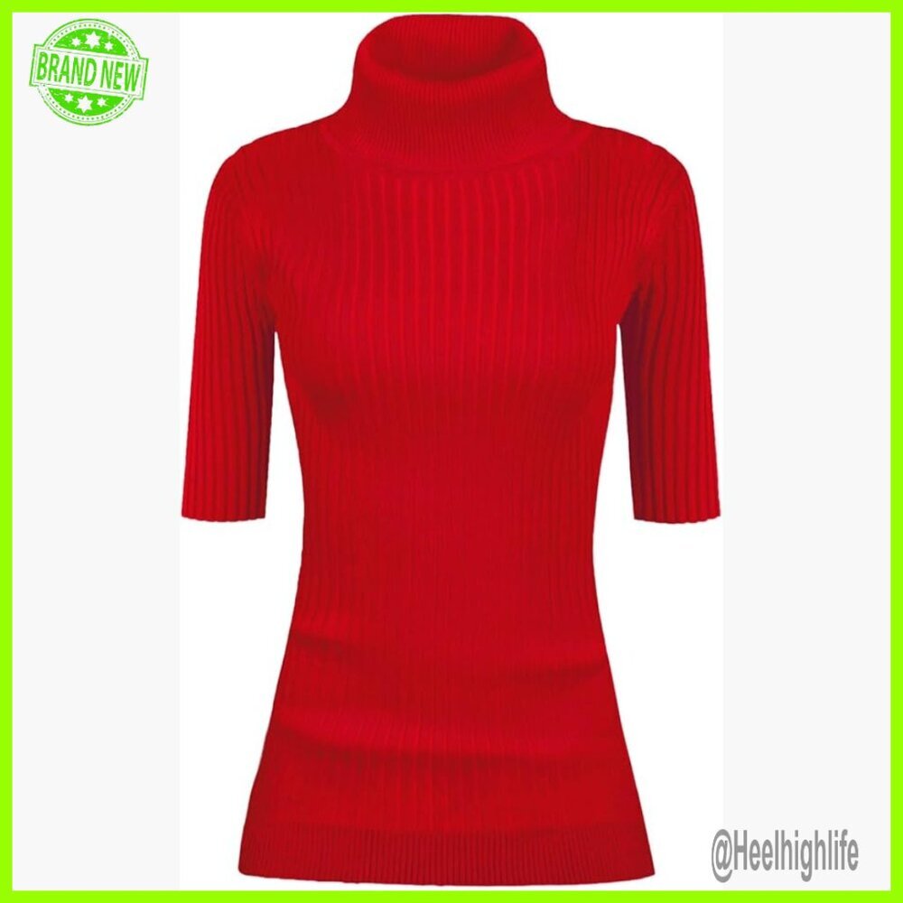 Fitted Ribbed Turtleneck Sweater Half Sleeve Stretchy Knit Top